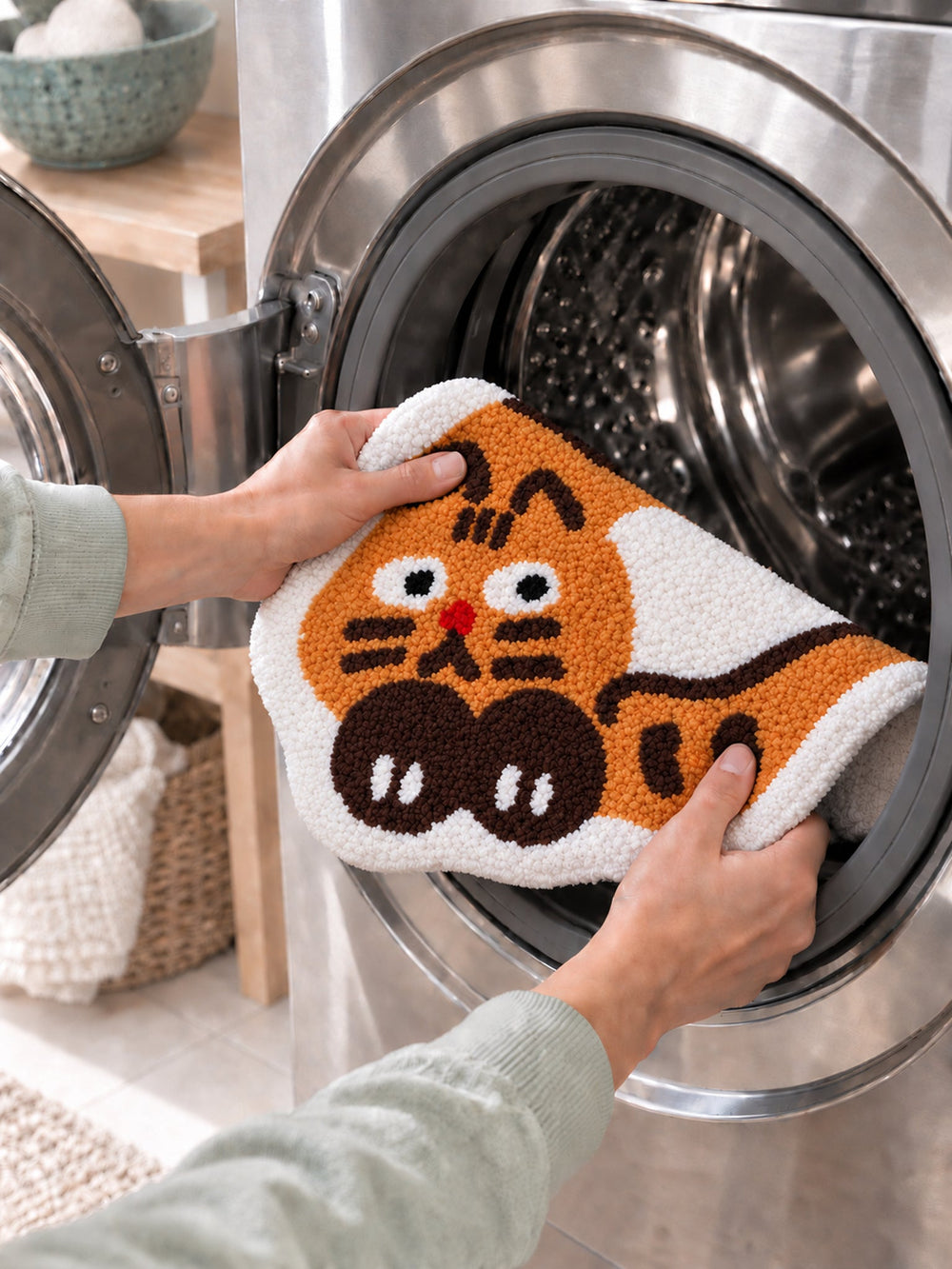 Curled Ginger Cat Shaped Bath Mat — Care scene