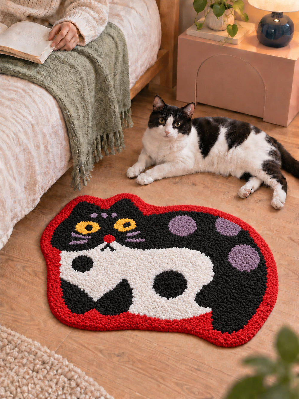Spotted Cat Red-Outline Bath Mat — bedroom scene