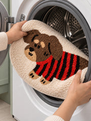 Striped Sweater Dachshund Oval Bath Mat — machine-wash care scene