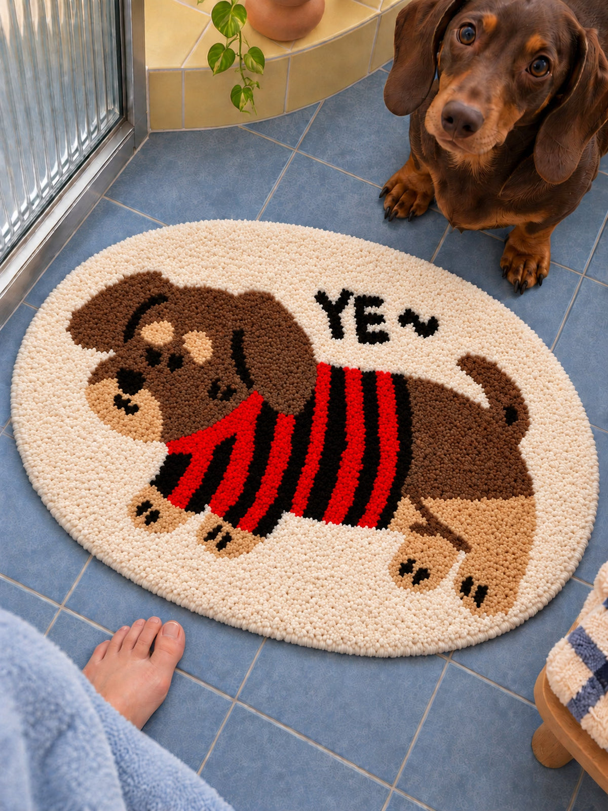Striped Sweater Dachshund Oval Bath Mat — bathroom detail