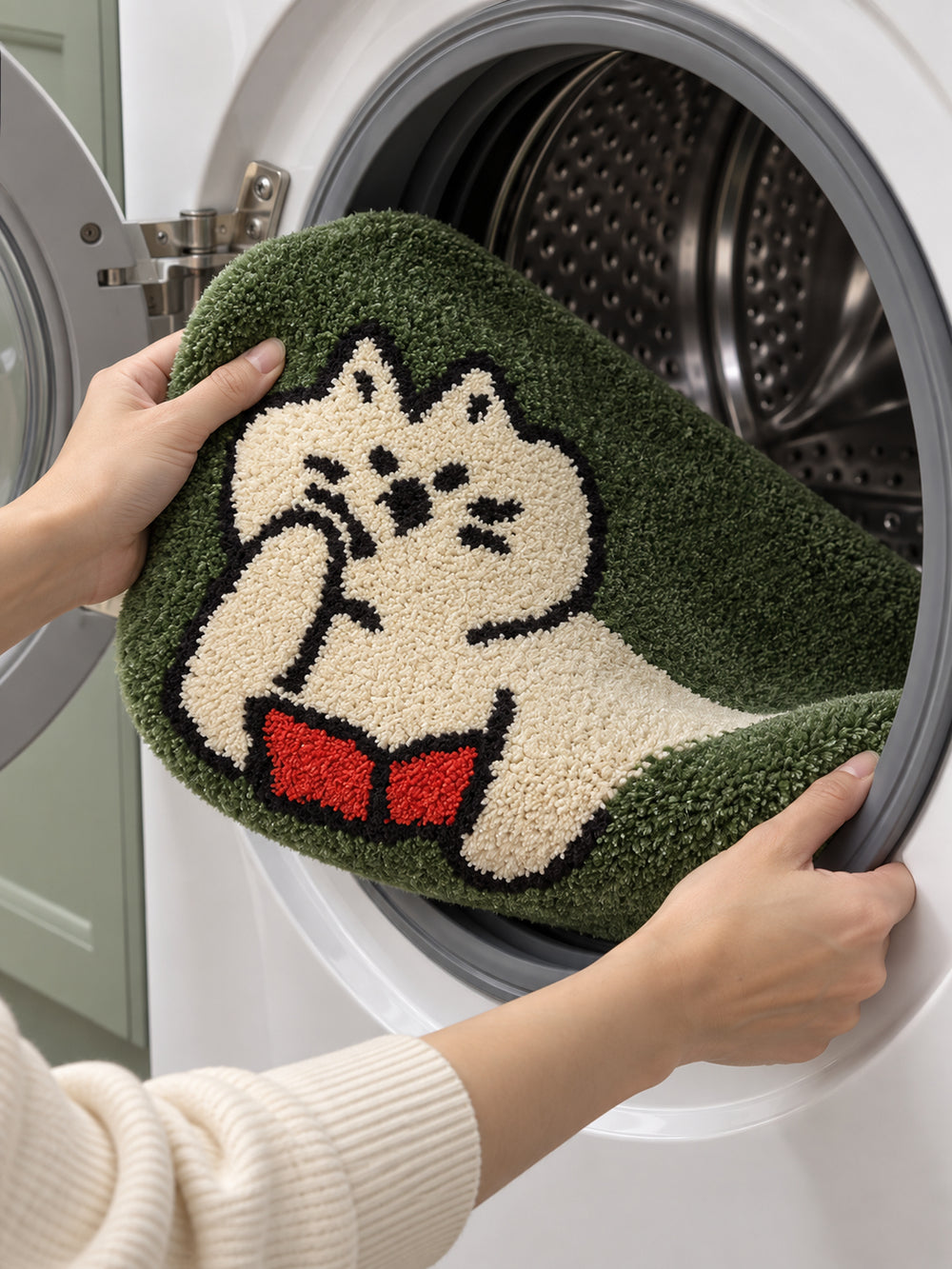 Green reading-cat oval mat, 50 x 80 cm, held at the open door of a front-loading washing machine.