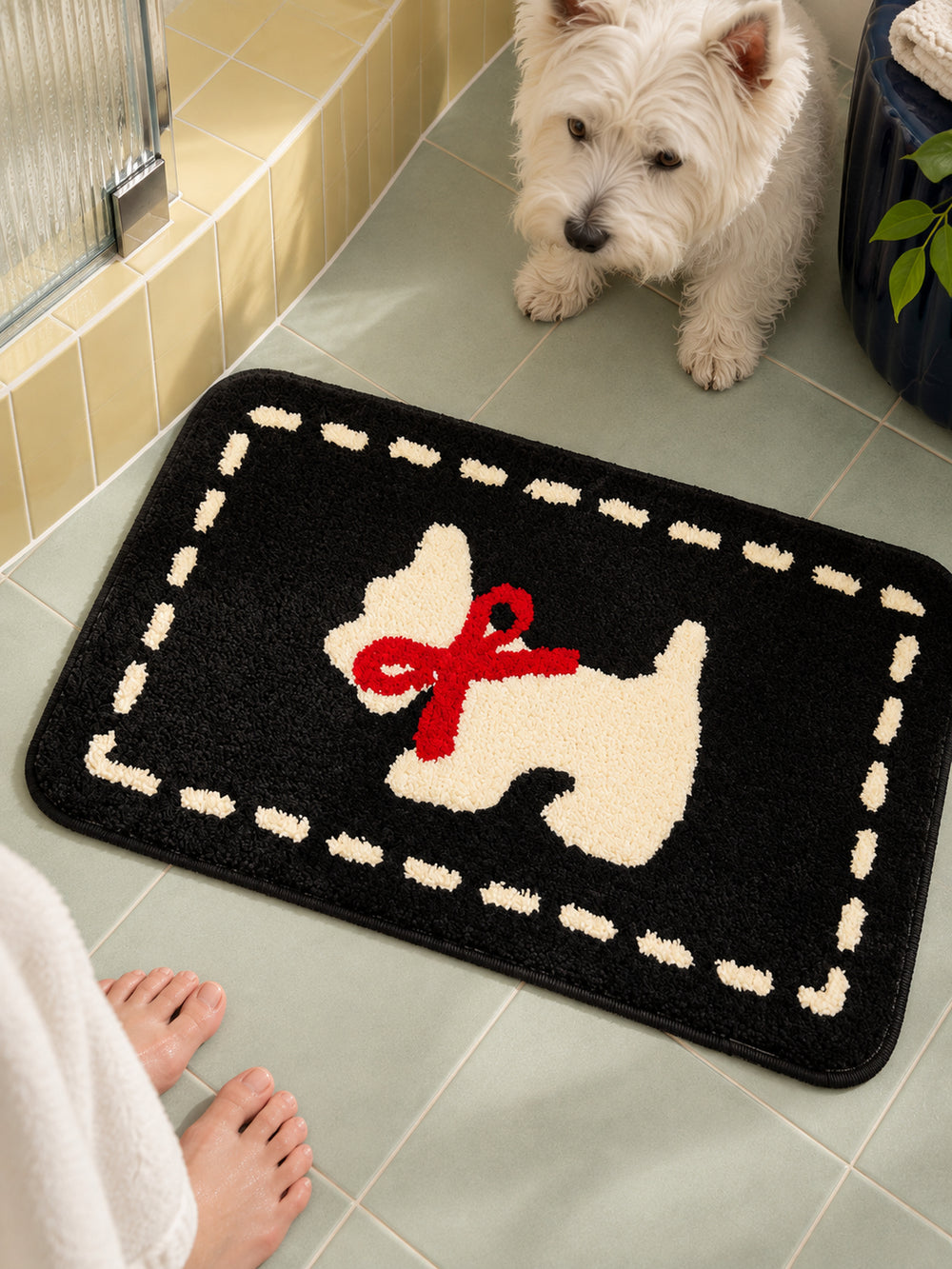 Bowtie Terrier Black & White Bath Mat — bathroom context detail