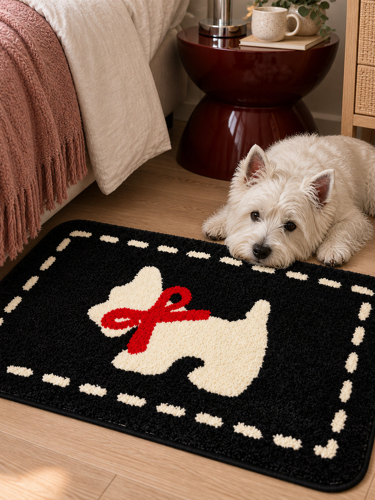 Bowtie Terrier Black & White Bath Mat — bedside context detail
