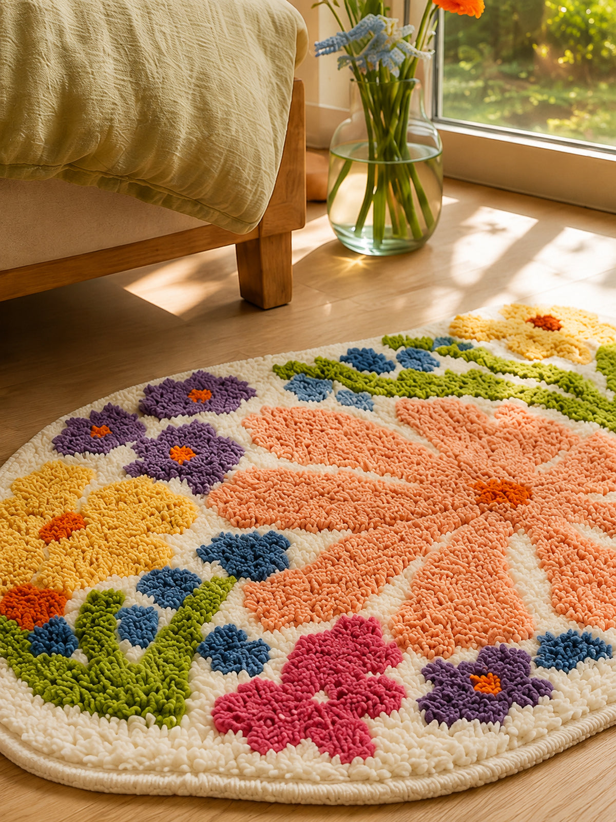 Spring Meadow Colorful Floral Bath Mat — Bedside close-up