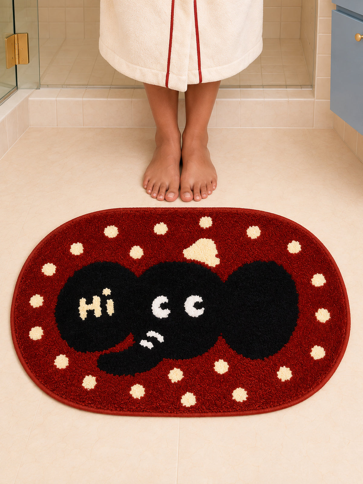 Hello Elephant Polka-Dot Bath Mat — Bathroom close-up