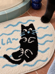 Poolside Black Cat Oval Bath Mat — surface detail