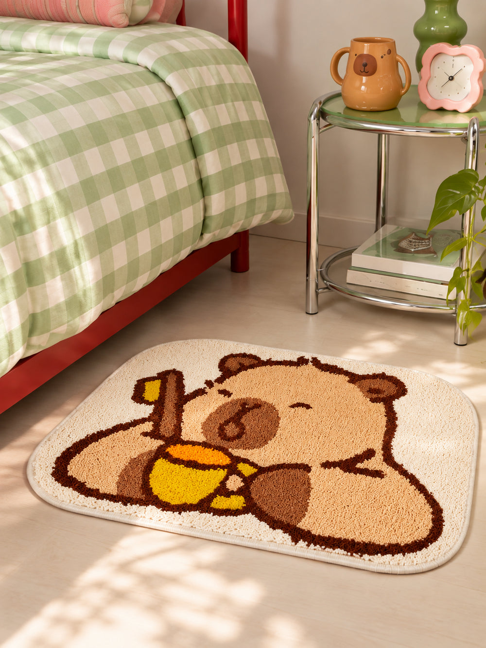 Capybara Morning Brush Shaped Bath Mat — bedside closeup