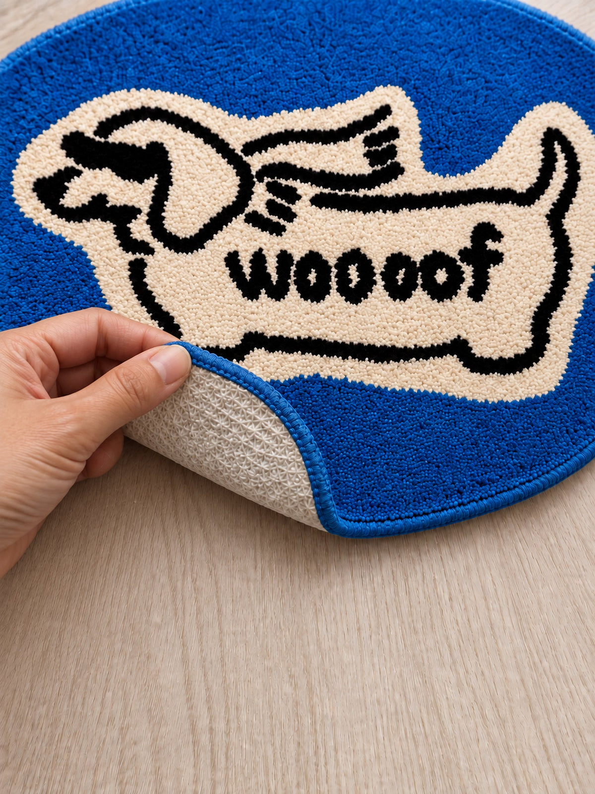 Blue Woof Hound Oval Bath Mat — backing detail