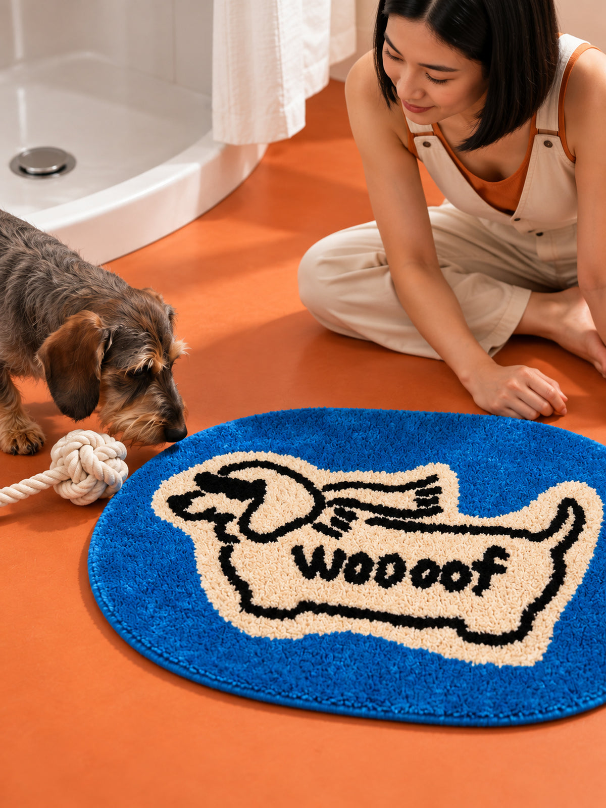 Blue Woof Hound Oval Bath Mat — bathroom context detail