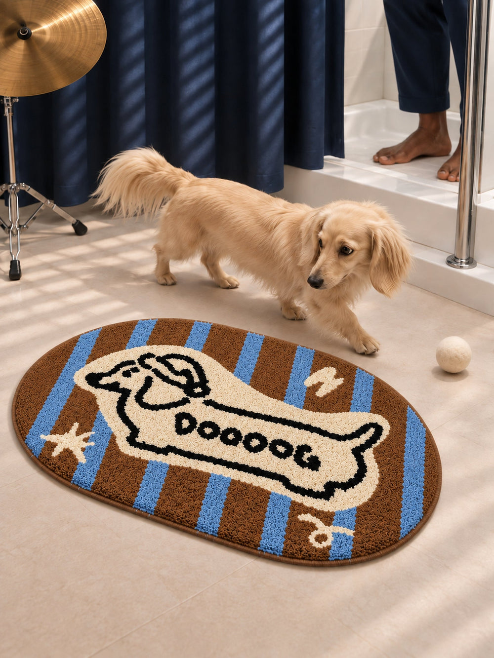 Retro Striped Hound Oval Bath Mat — bathroom scene