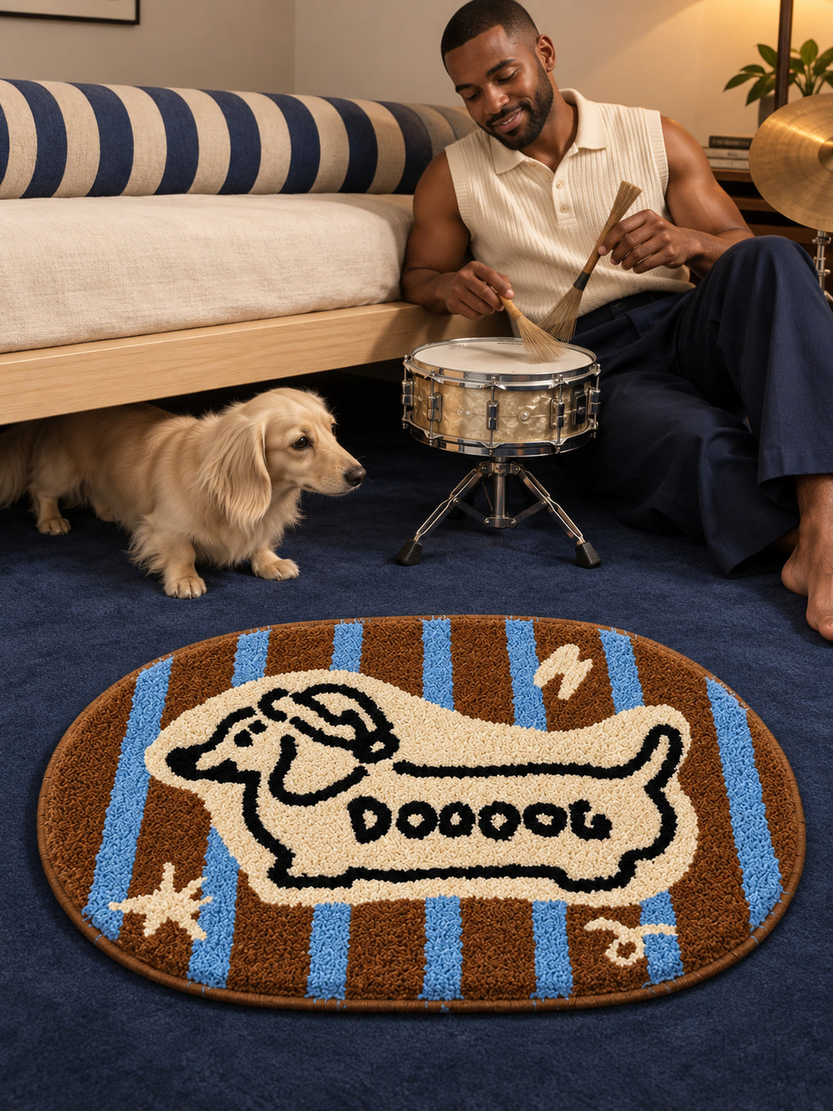 Retro Striped Hound Oval Bath Mat — bedroom scene