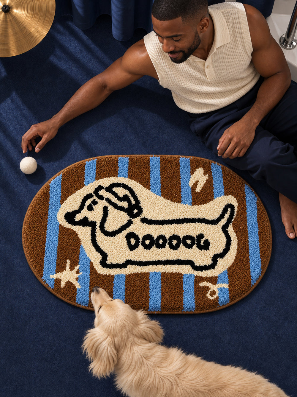 Retro Striped Hound Oval Bath Mat — bathroom context detail