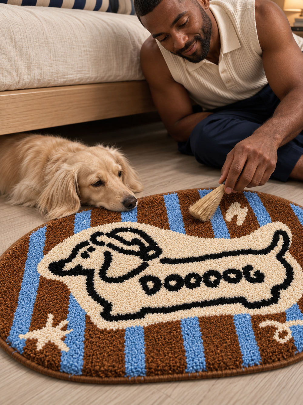 Retro Striped Hound Oval Bath Mat — bedside context detail