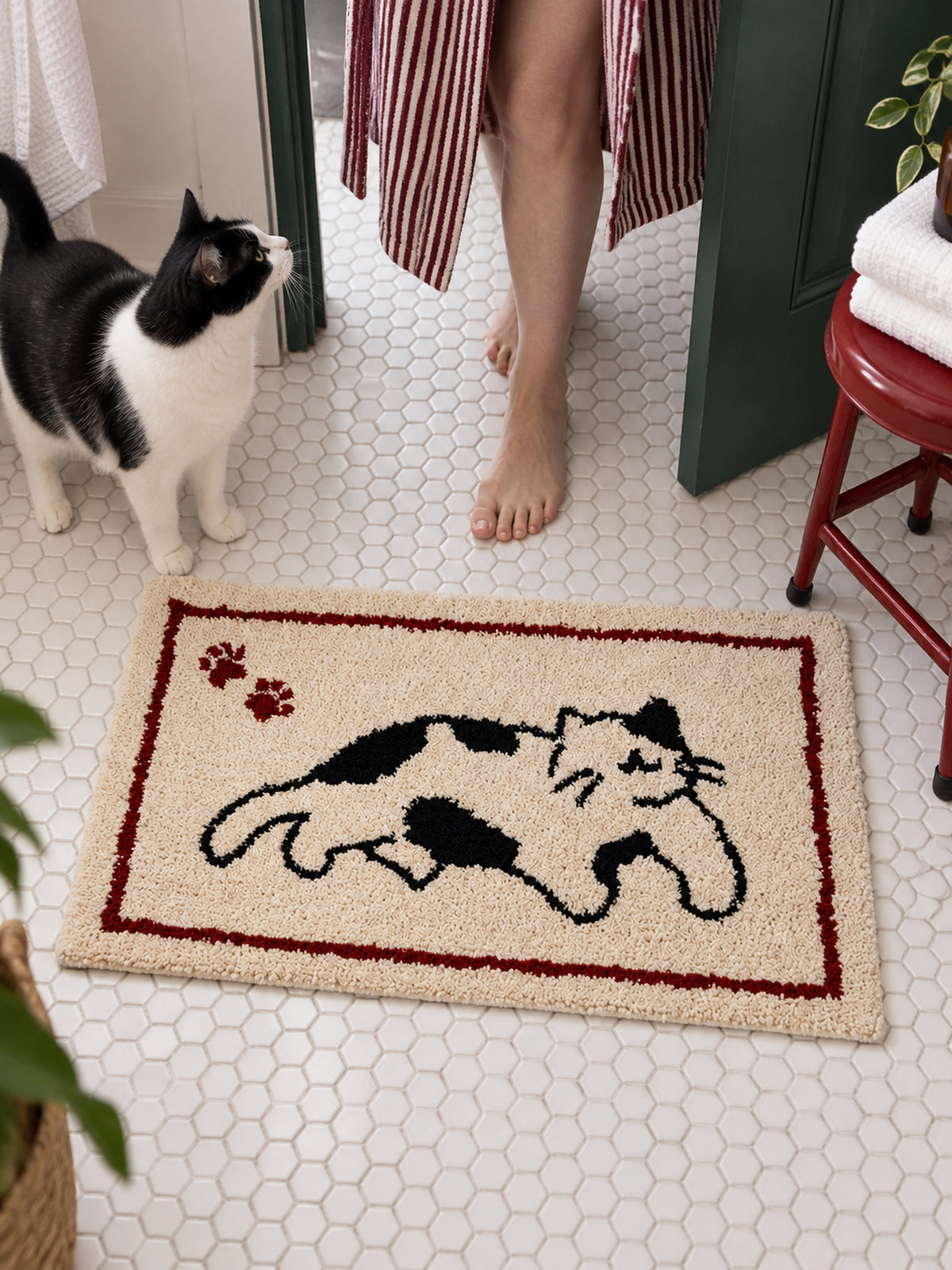 Playful Spotted Cat Framed Bath Mat — bathroom scene