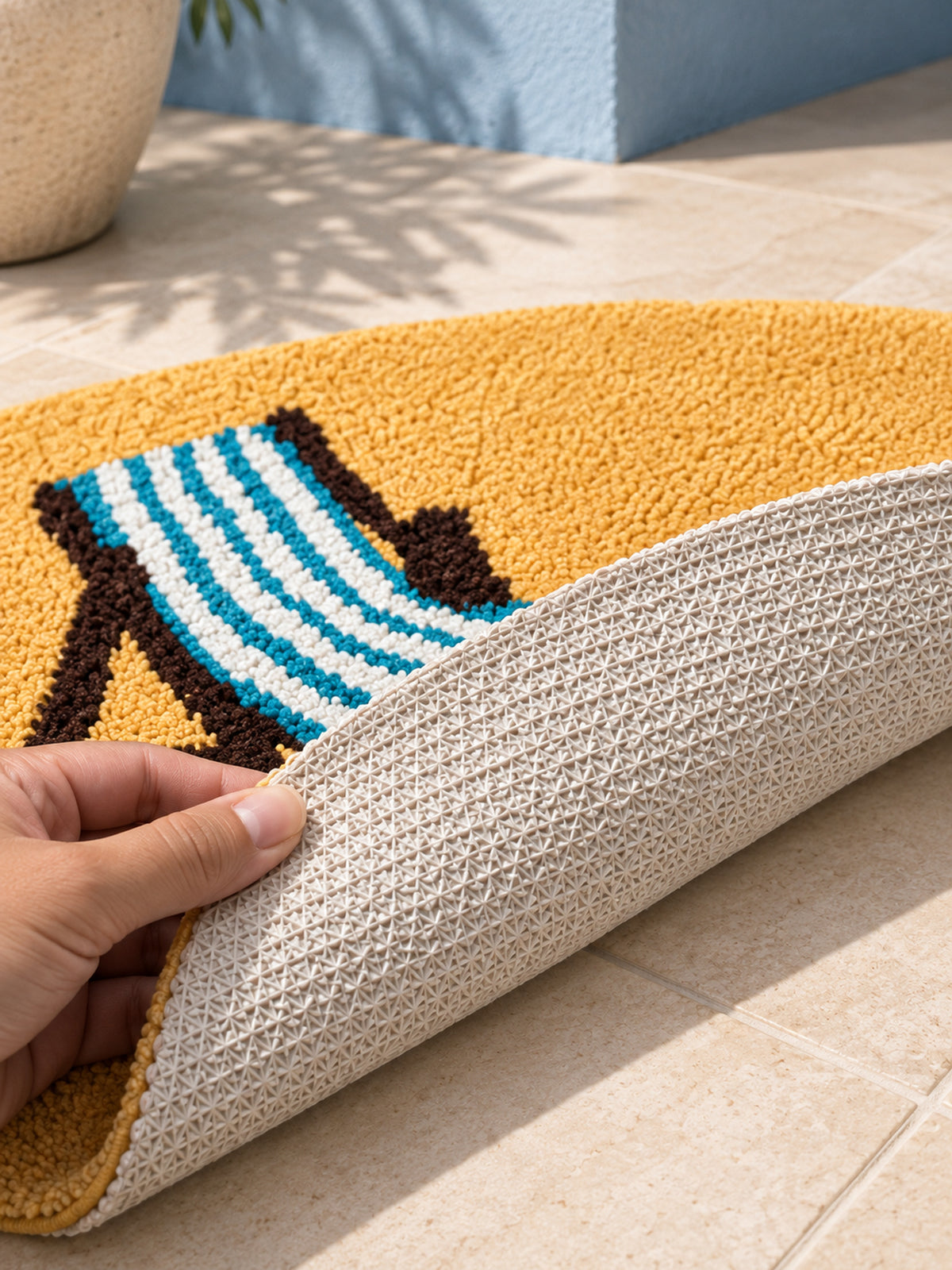 All Day Off Graphic Bath Mat - Blue — backing fold detail
