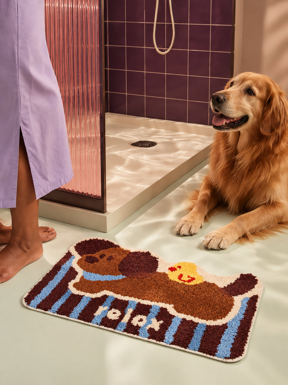 Puppy & Duckling Striped Bath Mat — bathroom scene
