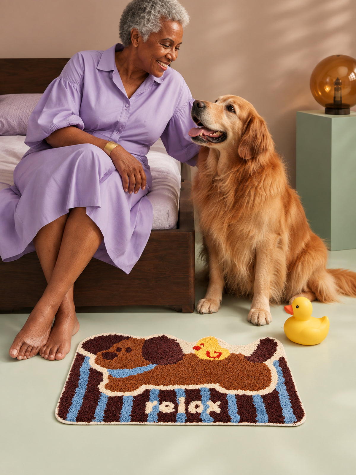 Puppy & Duckling Striped Bath Mat — bedroom scene