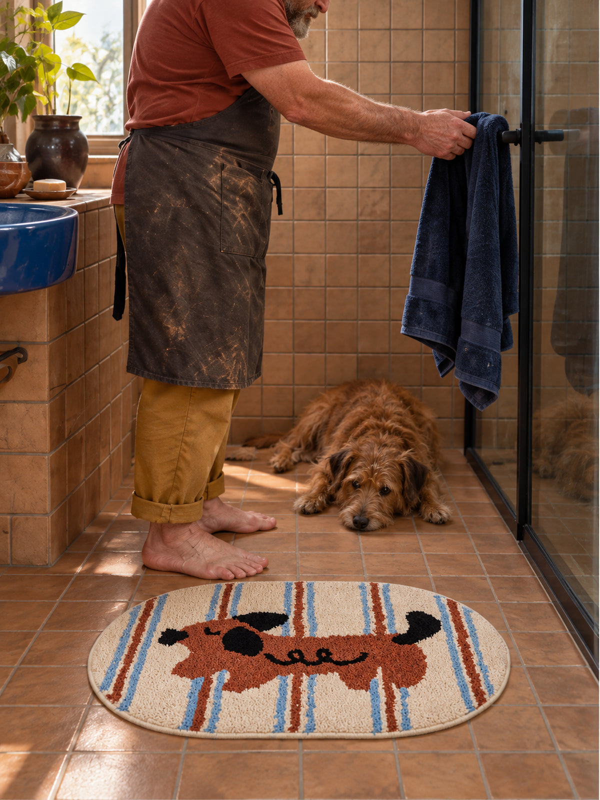 Curly Pup Blue Stripe Bath Mat — bathroom scene