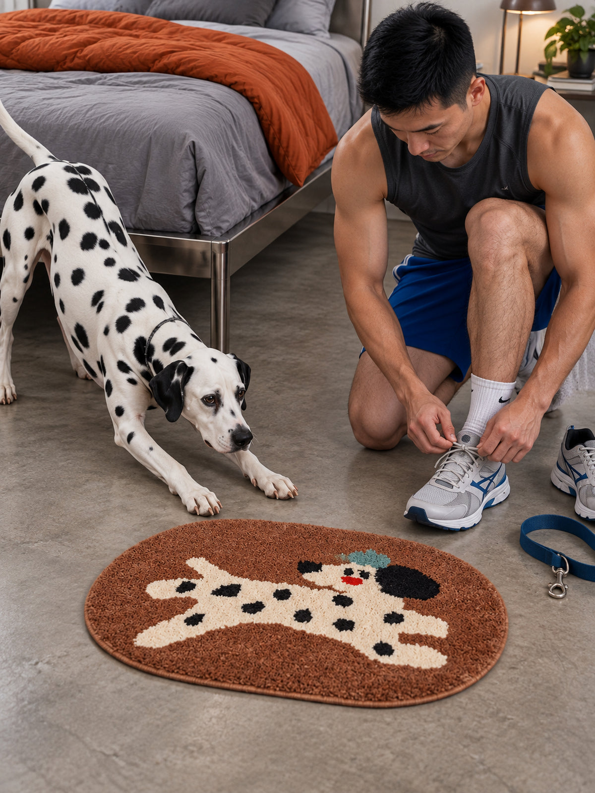 Dashing Dalmatian Oval Bath Mat — bedroom scene