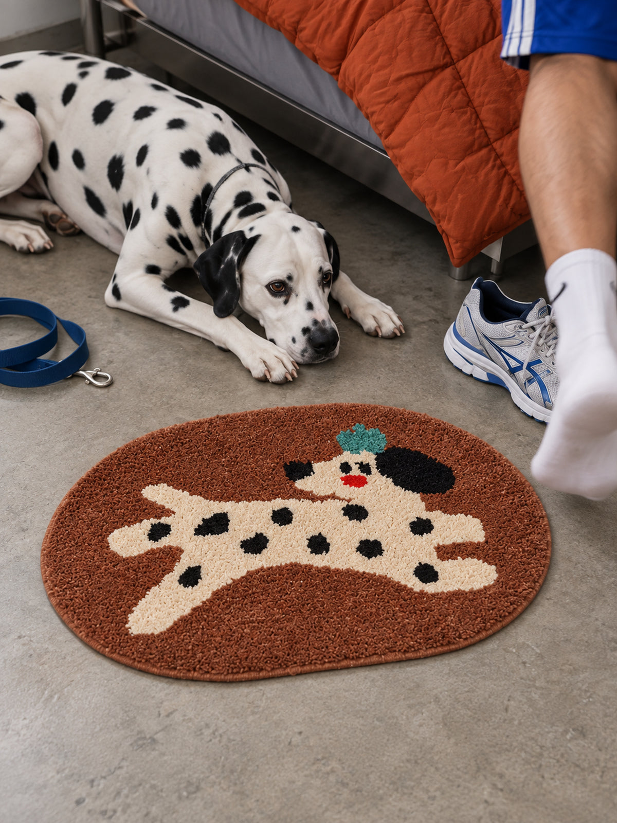 Dashing Dalmatian Oval Bath Mat — bedside context detail