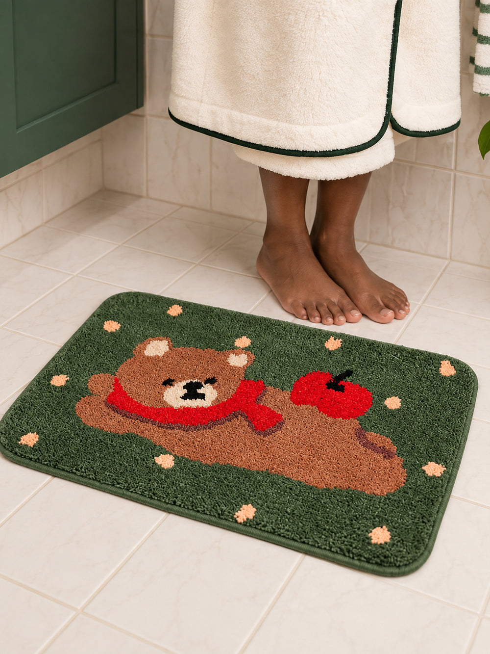 Apple Bear Forest Green Bath Mat — Bathroom close-up