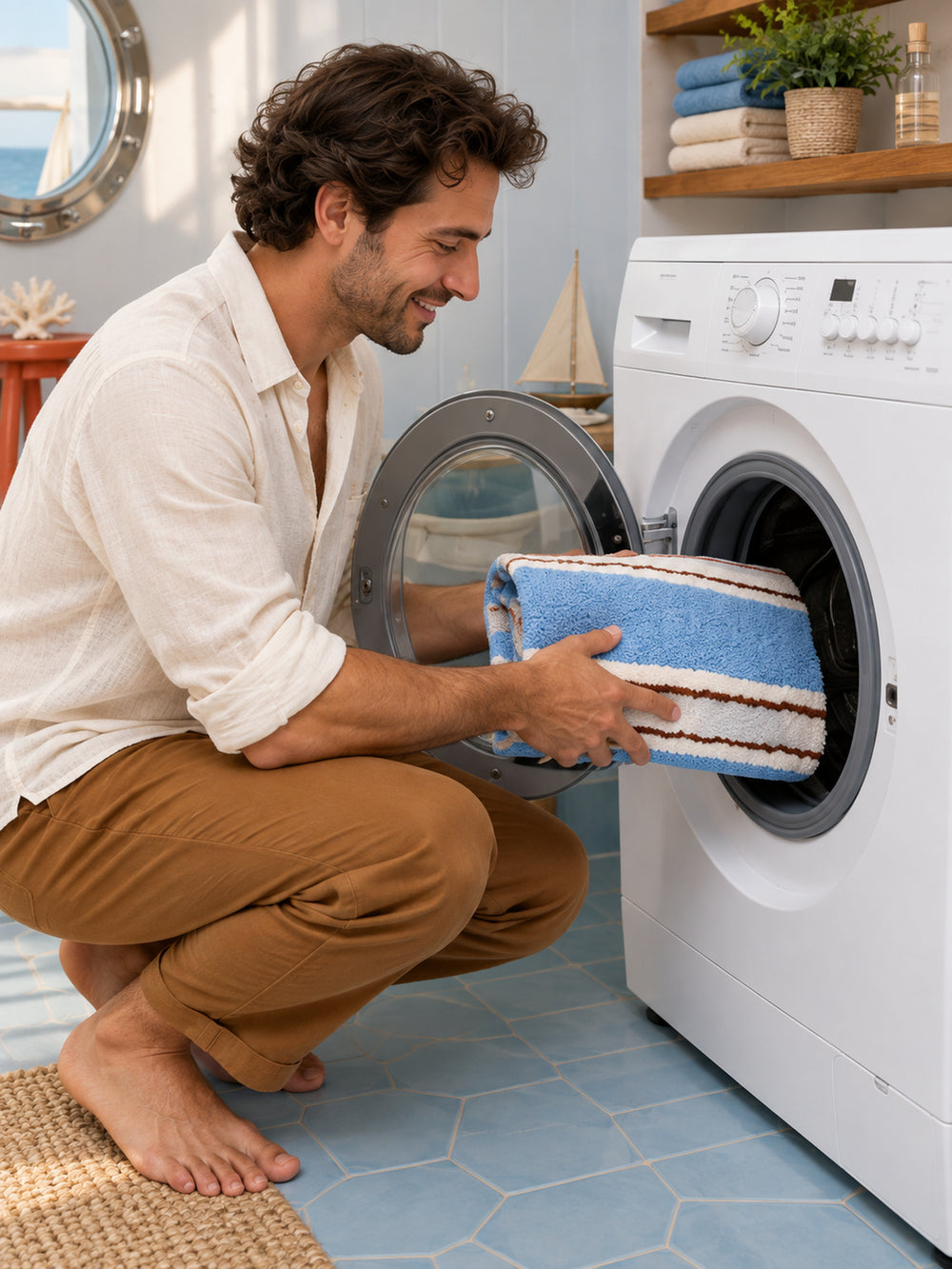 Coastal Pinstripes Blue & Cream Bath Mat — machine wash