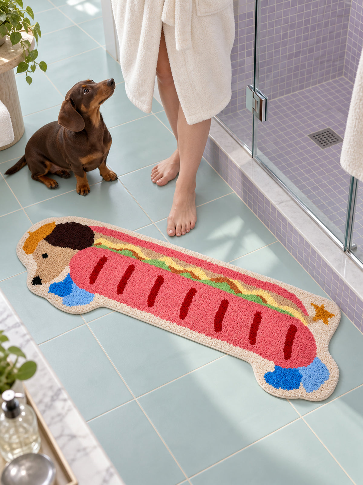 Classic Dachshund Hot Dog Runner Rug — bathroom scene