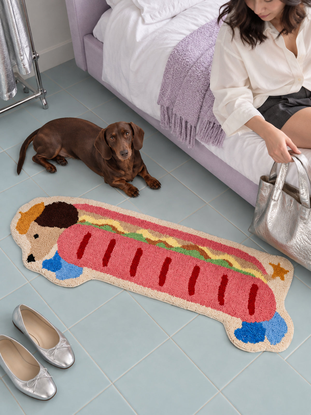 Classic Dachshund Hot Dog Runner Rug — bedside context detail