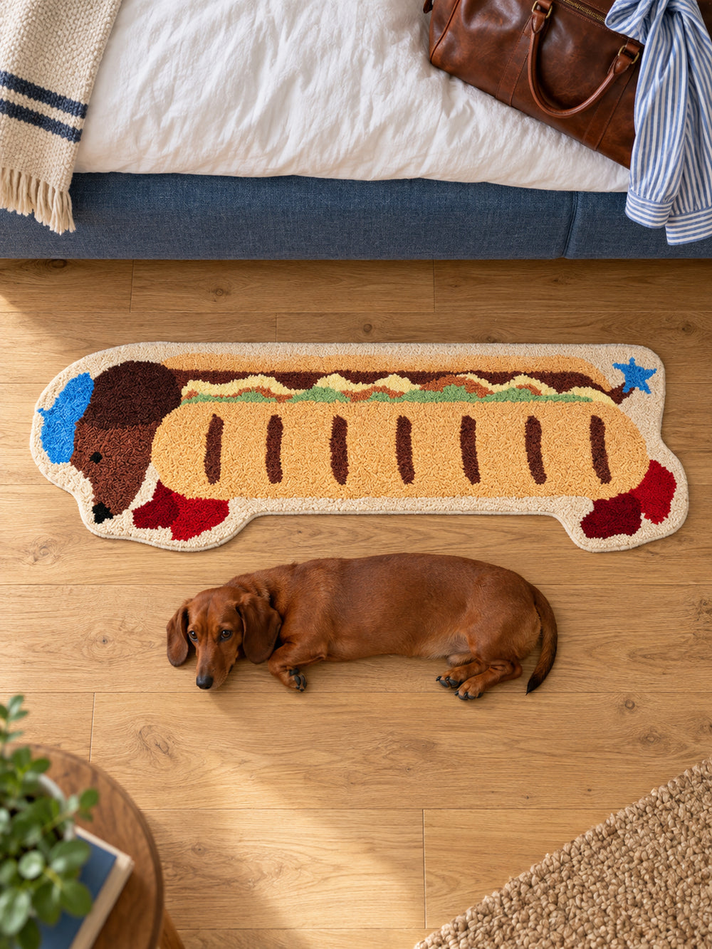 Classic Dachshund Hot Dog Runner Rug — bedside context detail