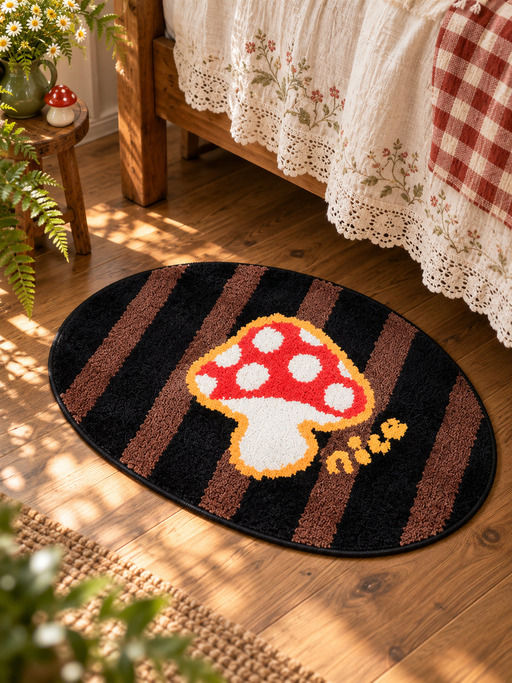 Storybook Mushroom Striped Bath Mat — bedside context detail
