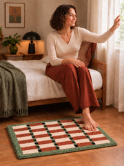 Sage Cocoa Grid Geometric Bath Mat — bedroom scene