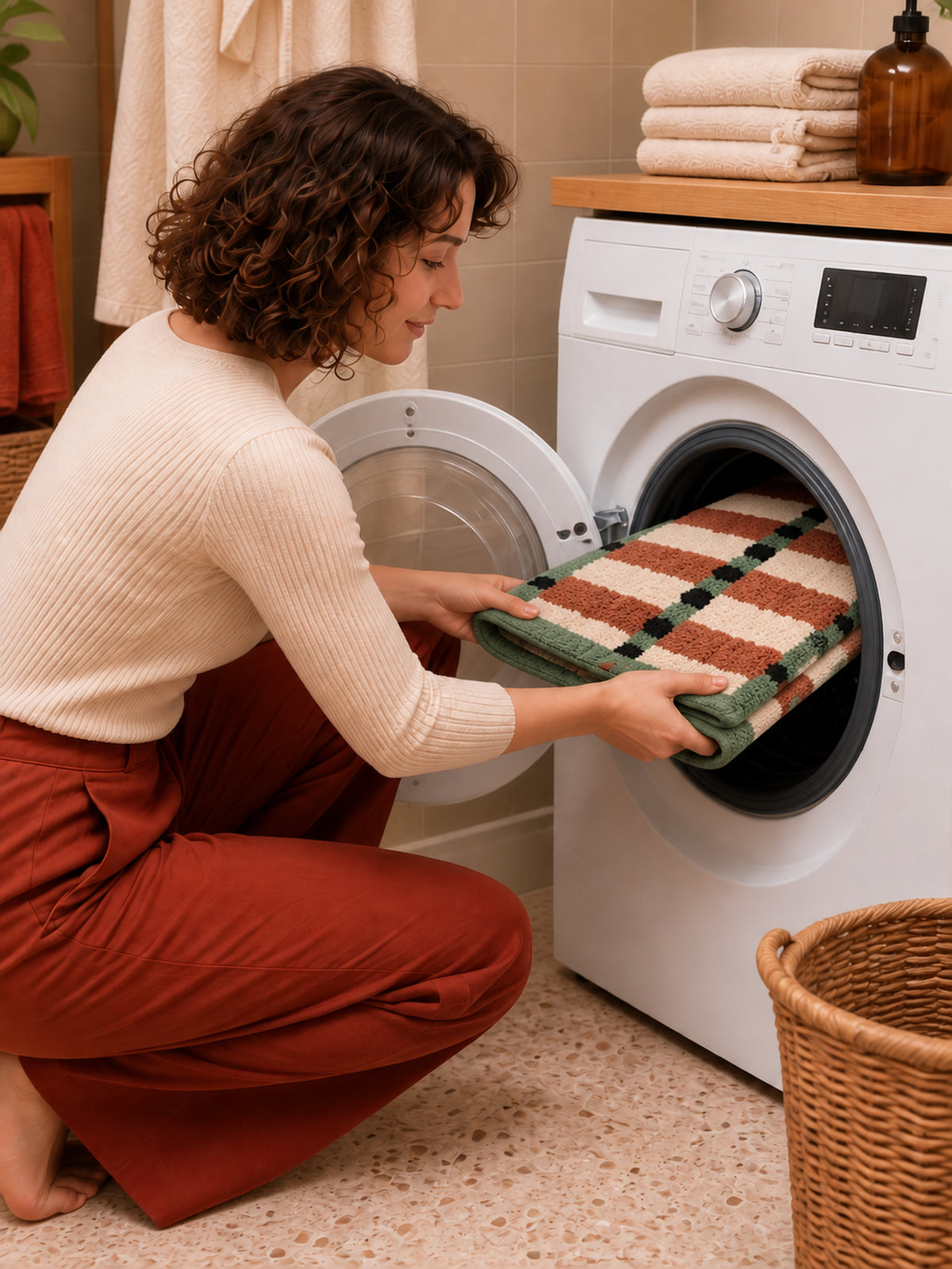 Sage Cocoa Grid Geometric Bath Mat — machine wash