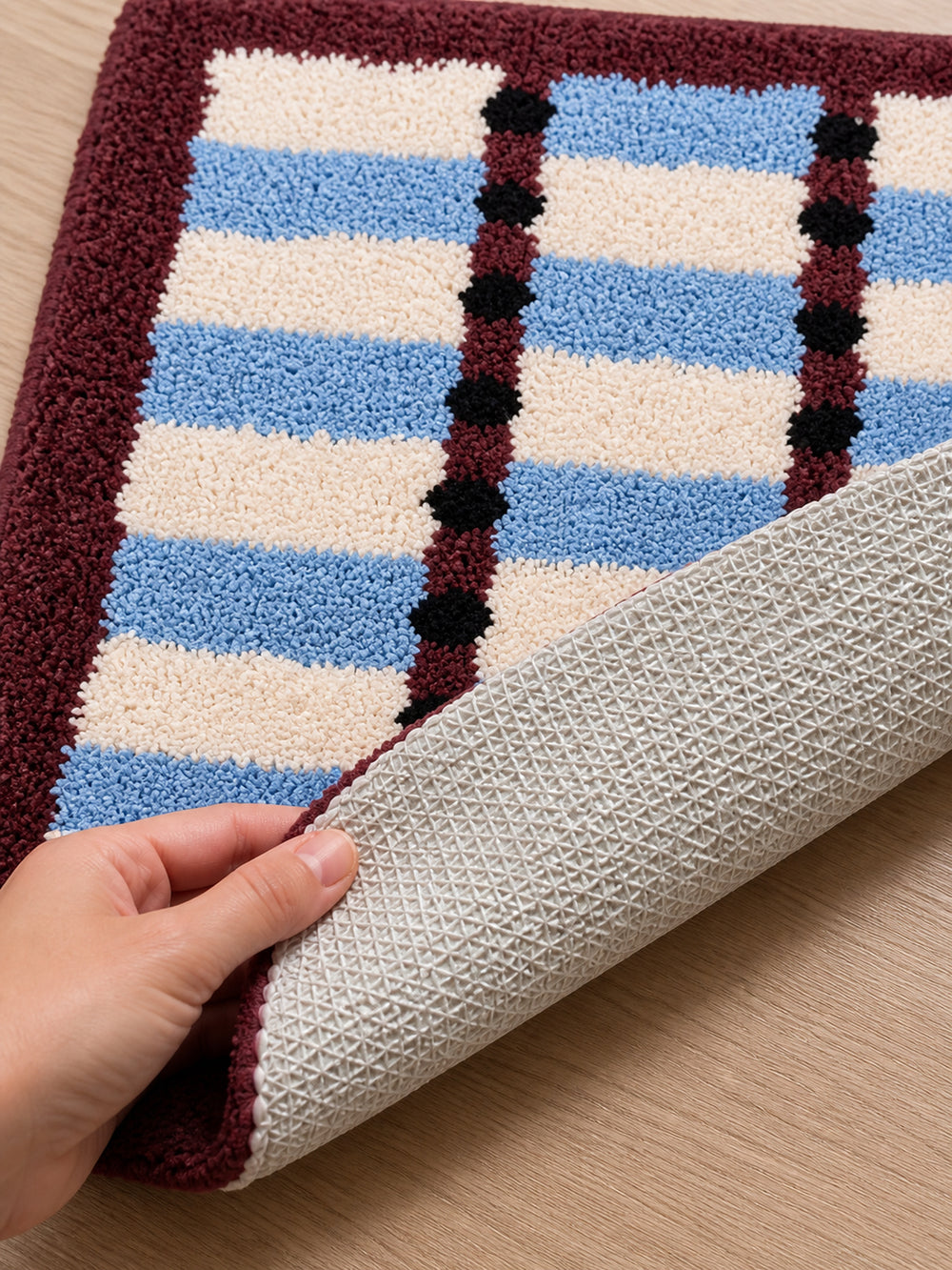 Sage Cocoa Grid Geometric Bath Mat — backing detail