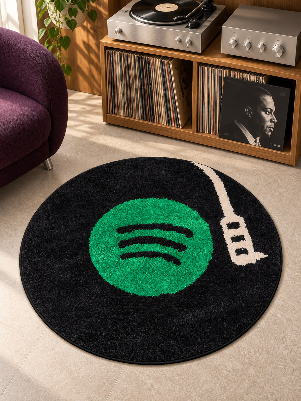 Midnight Vinyl Record Round Accent Rug — listening room