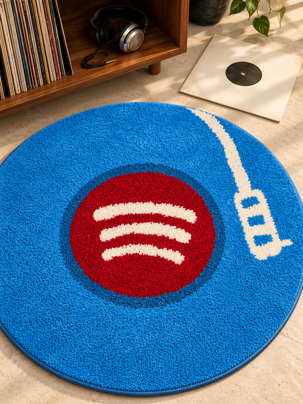 Midnight Vinyl Record Round Accent Rug — close listening
