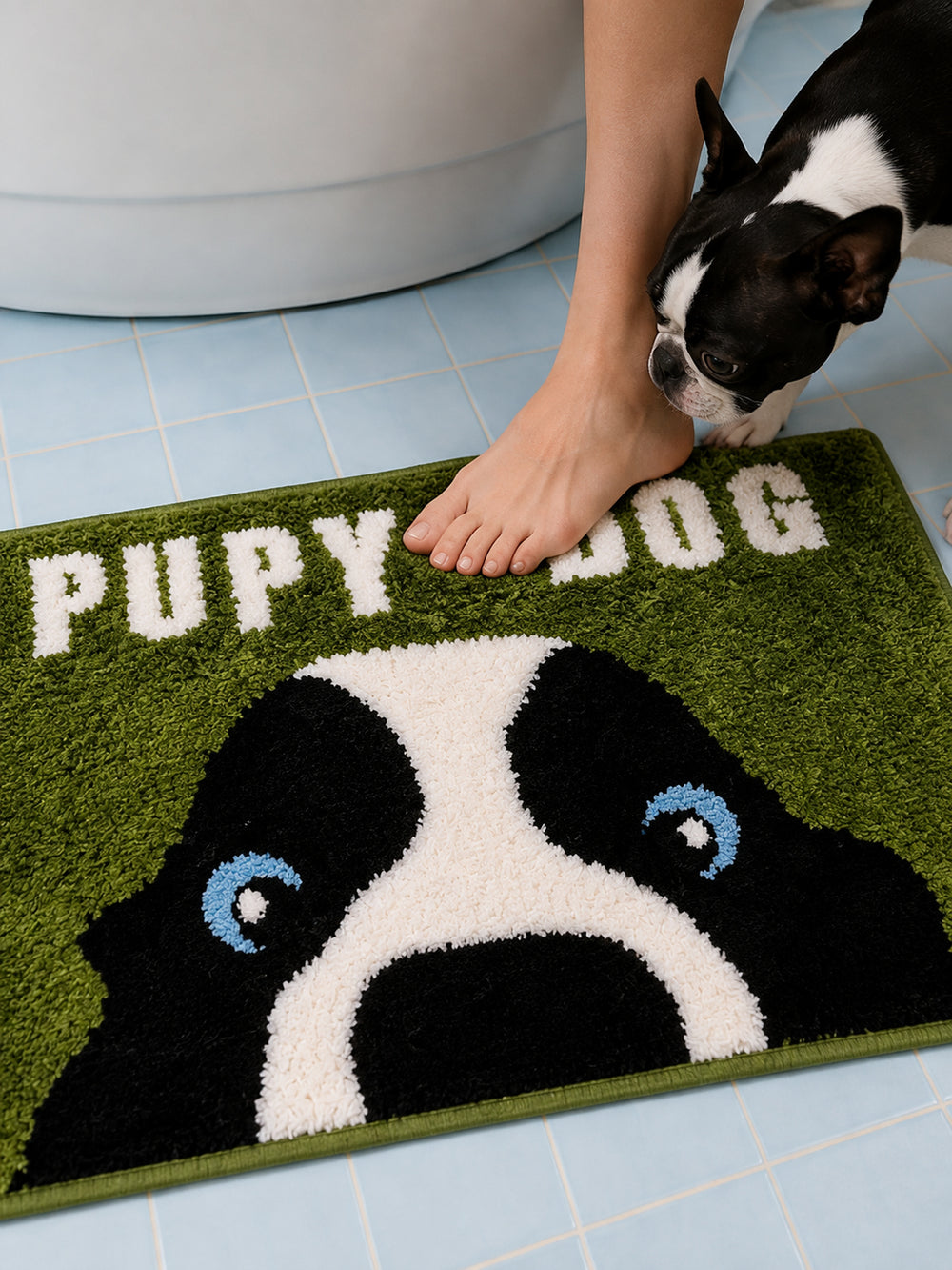 Peekaboo Puppy Green Bath Mat — bathroom context detail