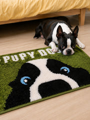 Peekaboo Puppy Green Bath Mat — bedside context detail