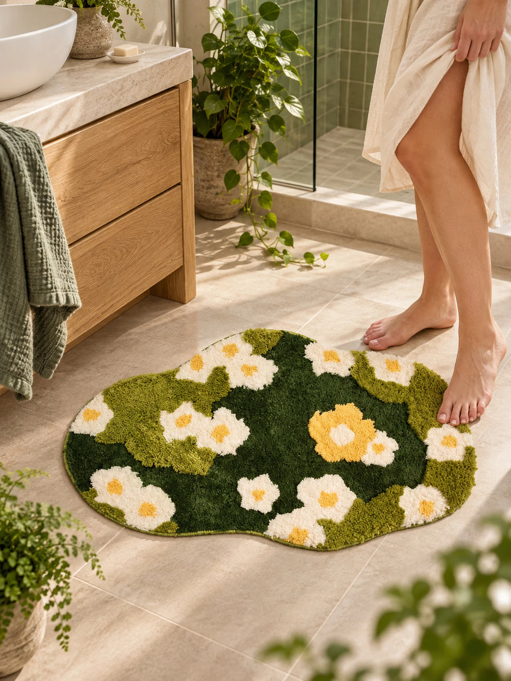 Daisy Meadow Floral Bath Mat beside a wood vanity in a bathroom