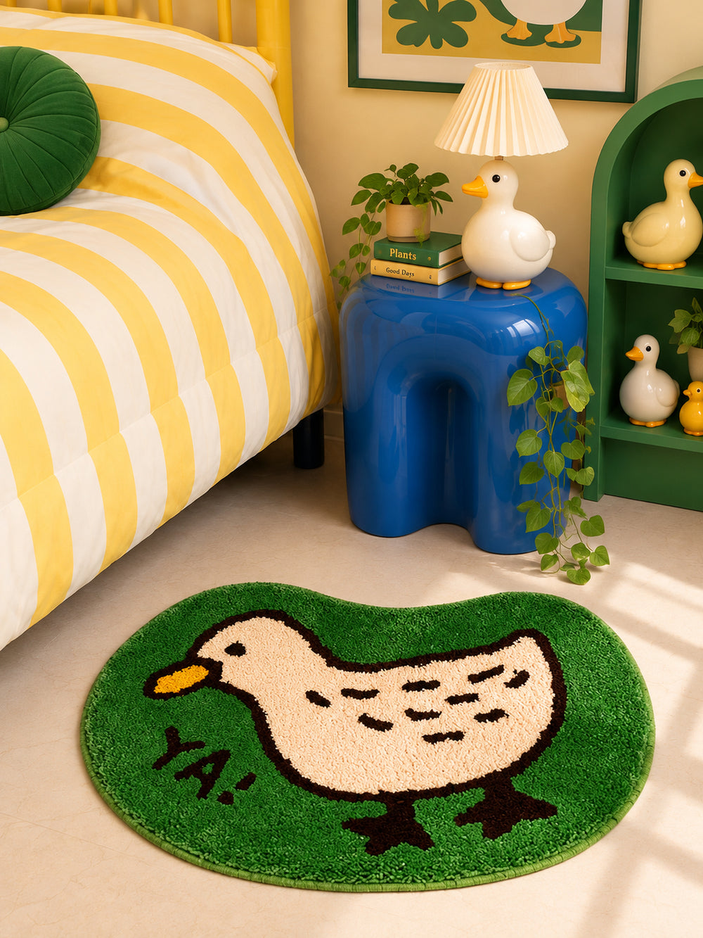 Meadow Duck Shaped Bath Mat - Green — Bedside close-up