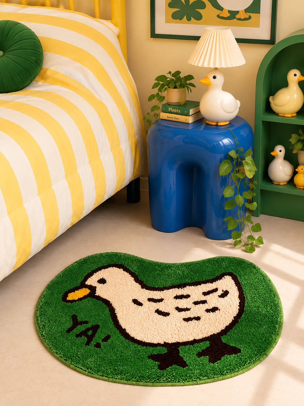 Meadow Duck Shaped Bath Mat - Green — Bedside close-up