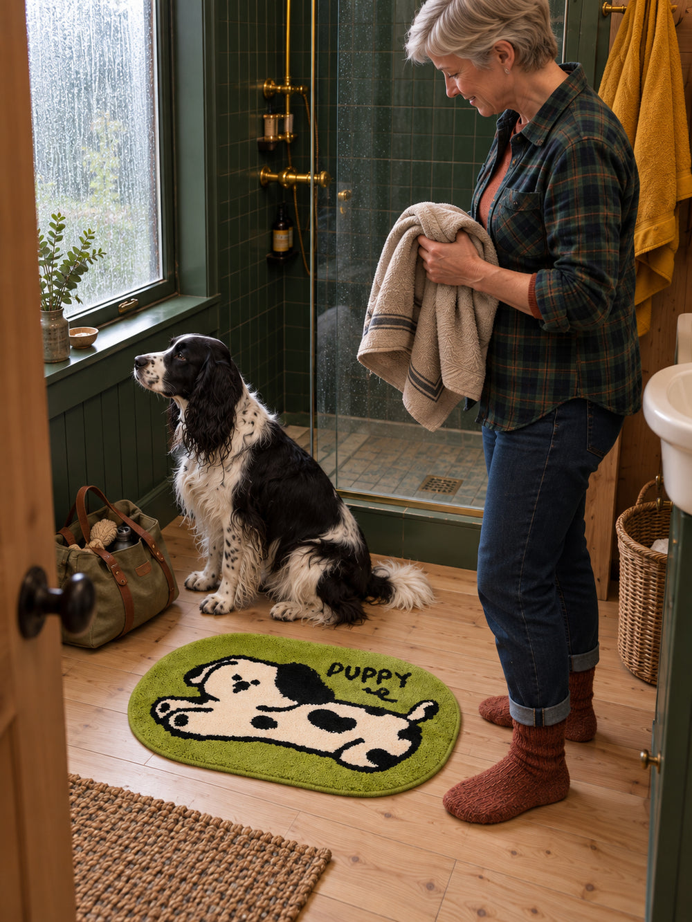 Stretching Spotted Puppy Bath Mat - Green — bathroom scene