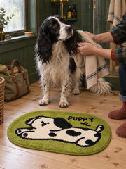 Stretching Spotted Puppy Bath Mat - Green — bathroom context detail