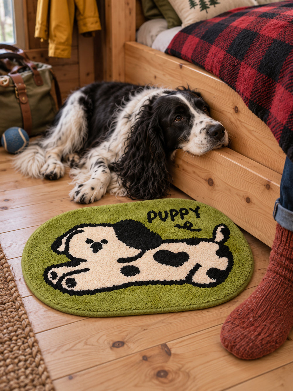 Stretching Spotted Puppy Bath Mat - Green — bedside context detail