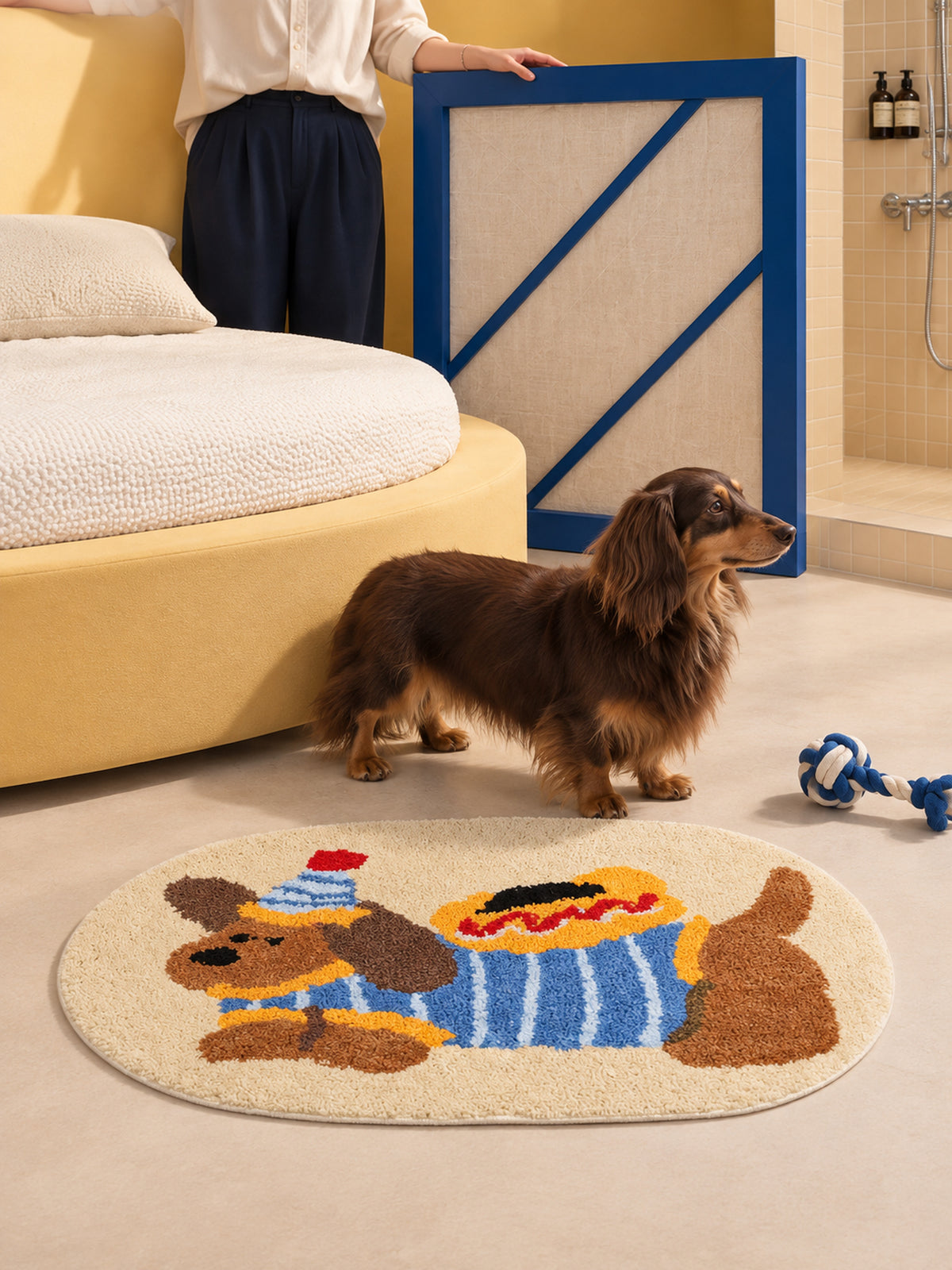 Hot Dog Dachshund Oval Bath Mat — bedroom scene