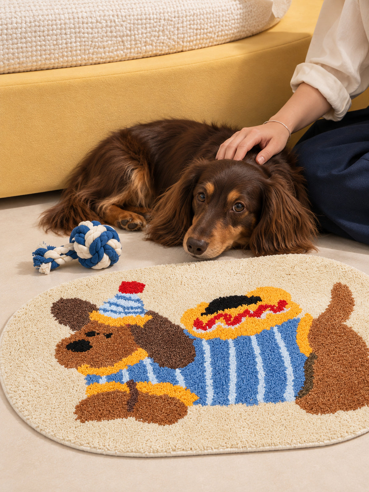 Hot Dog Dachshund Oval Bath Mat — bedside context detail