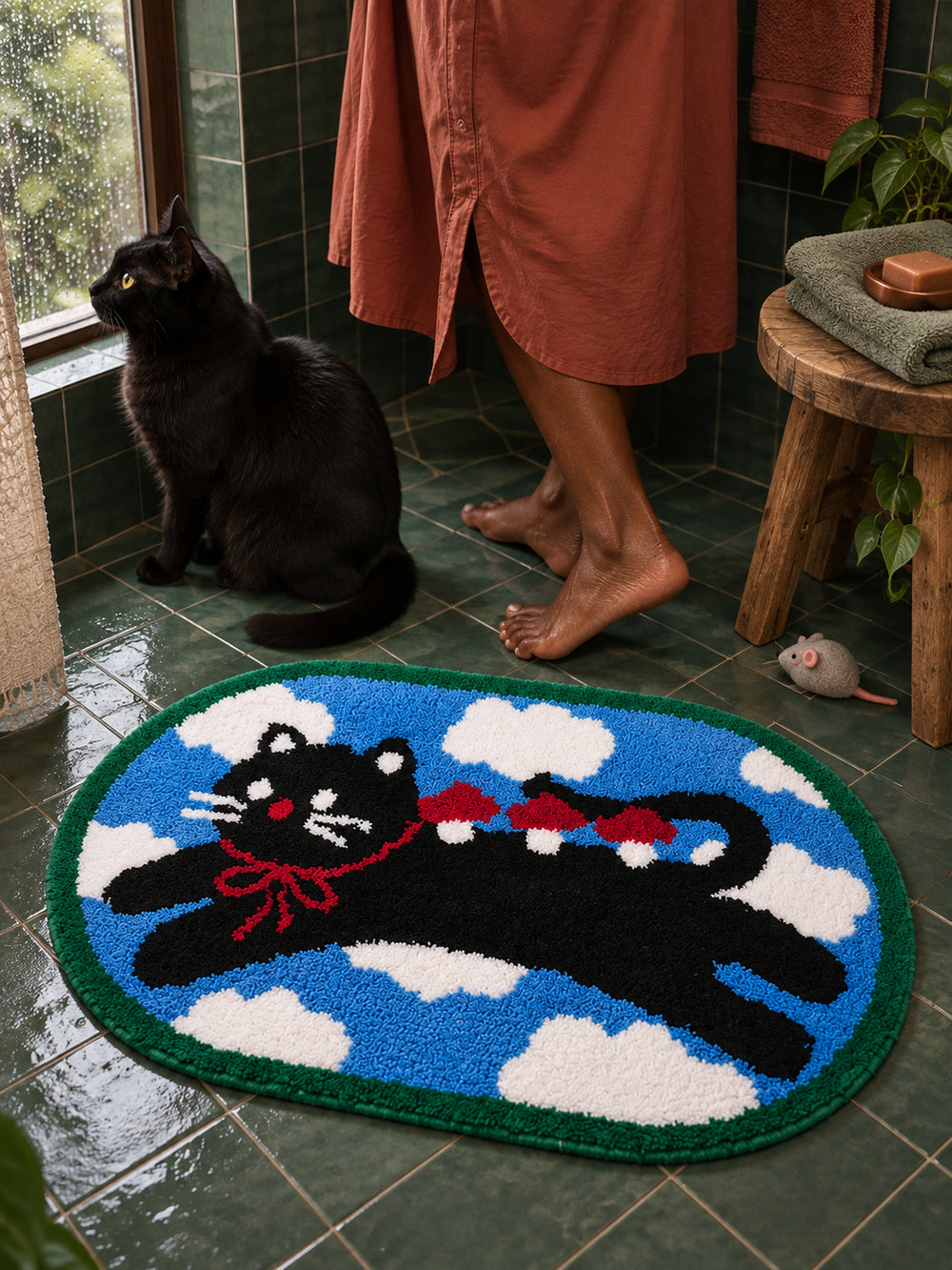 Red Ribbon Cat Cloud Bath Mat — bathroom scene
