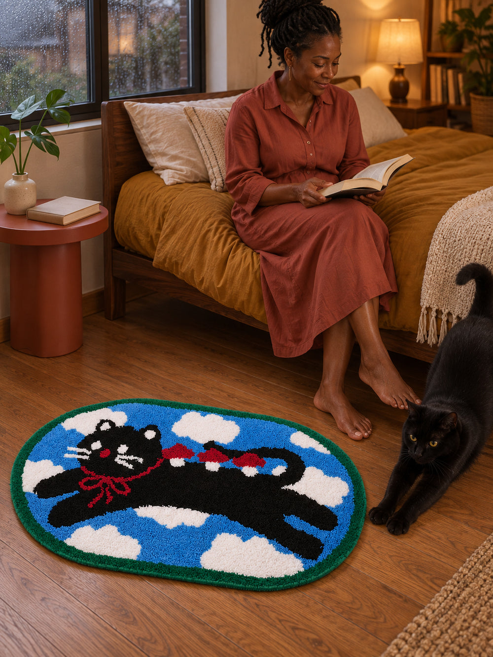 Red Ribbon Cat Cloud Bath Mat — bedroom scene