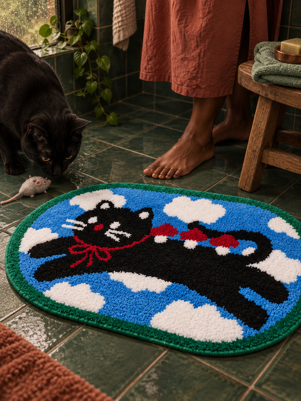 Red Ribbon Cat Cloud Bath Mat — bathroom context detail