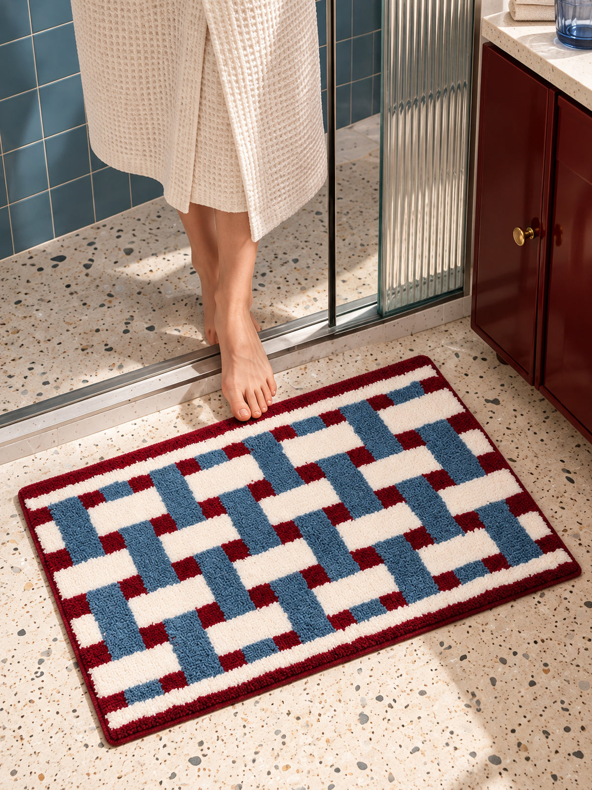 Burgundy & Blue Basketweave Pattern Bath Mat — bathroom scene