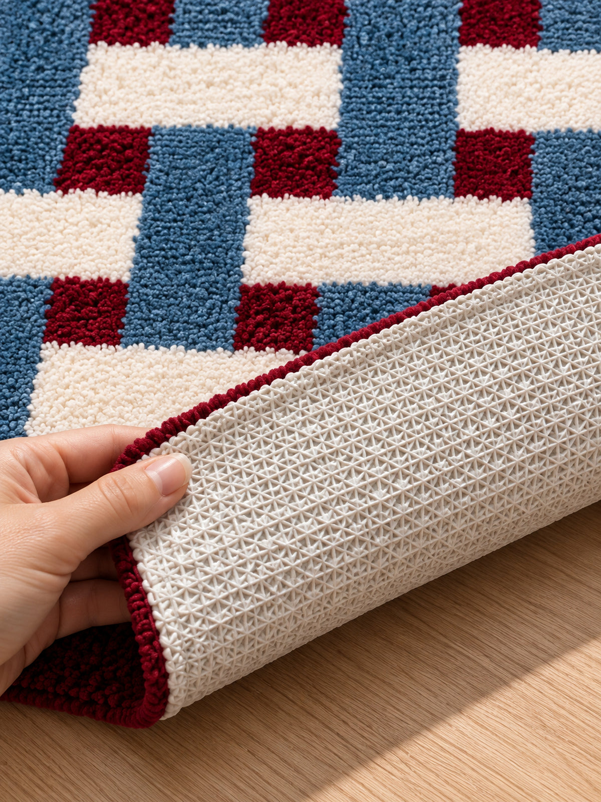 Burgundy & Blue Basketweave Pattern Bath Mat — backing detail